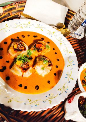 A picture of Tri-Color Bell Pepper Cabbage Jhol Momos.