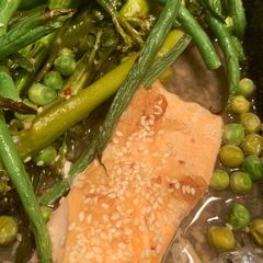 Salmon and Miso broth with green veg - a super easy weekday dinner A picture of Salmon and Miso broth with green veg - a super easy weekday dinner.