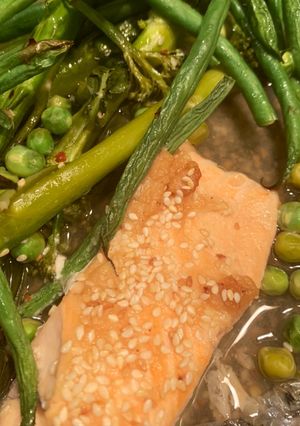 A picture of Salmon and Miso broth with green veg - a super easy weekday dinner.