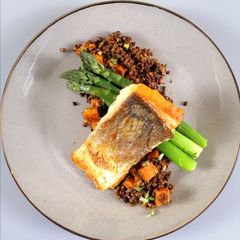Salmon/sweet potato/black lentil/sundried tom pesto/asparagus A picture of Salmon/sweet potato/black lentil/sundried tom pesto/asparagus.
