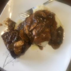 A picture of Beef tenderloin in mushroom sauce.