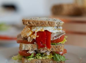 Una foto de Sándwich con sobras de pavo, cebolla roja y queso