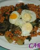 Acelgas, con lentejas y huevos fritos de codorniz