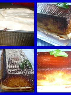 Una foto de Budin de pan sabor a coco y base de merengue duro