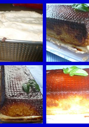 Una foto de Budin de pan sabor a coco y base de merengue duro