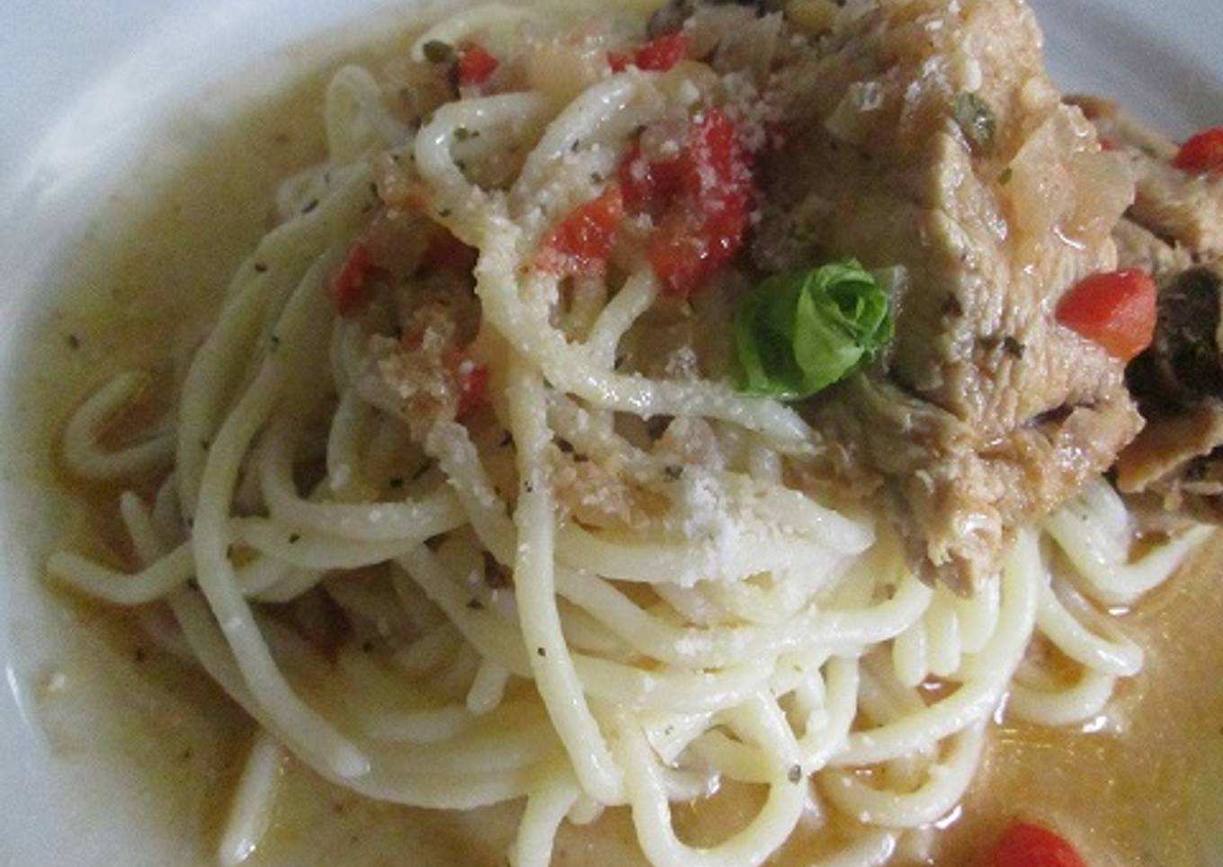 Espaguetis con pechuguitas al champán