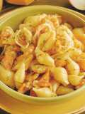Pasta con alubias y camarones