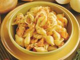 Pasta con alubias y camarones