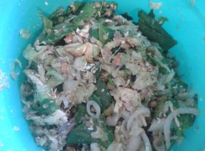 Una foto de Ensalada de lechuga con lentejas, chícharos, atún y pollo