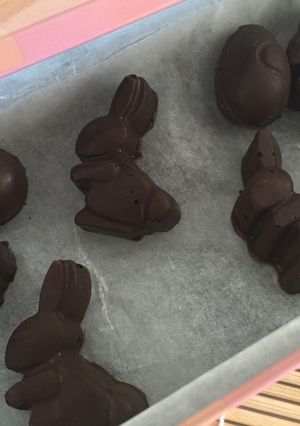 Una foto de Conejo de Pascua de chocolate y huevos de chocolate
