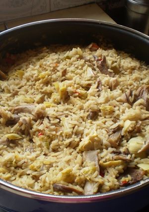 Una foto de Arroz con corazones de alcachofas y setas