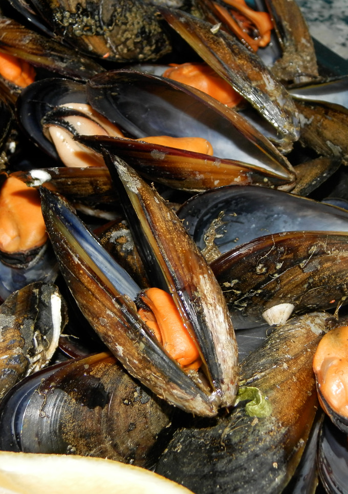 Una foto de mejillones al vapor .