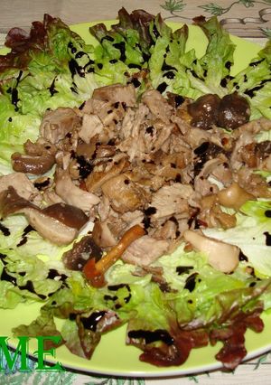 Una foto de Ensalada de lechuga, setas y cabrito asado