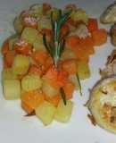 Filete de chillo relleno de jamón al vapor con vegetales salteados
