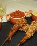 Brochetas de langostinos con tres salsas