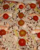Arroz variado en ensalada con langostinos y salsa rosa