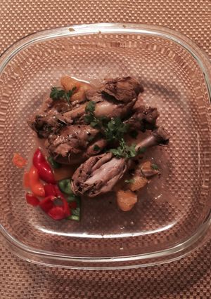 Una foto de Pollo con champagne y naranjas