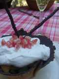 Cestillo de chocolate con macedonia de frutas y crema de queso