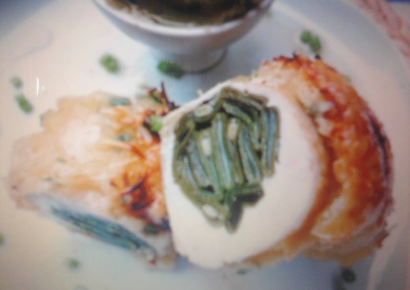 Pechuga de pollo rellena de judías verdes al horno<br />