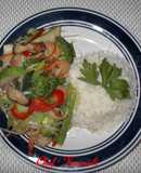 Salteado de verduras orientales (orgánicas) con gambas