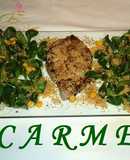 Ensalada de canónigos, atún fresco y praliné de nueces