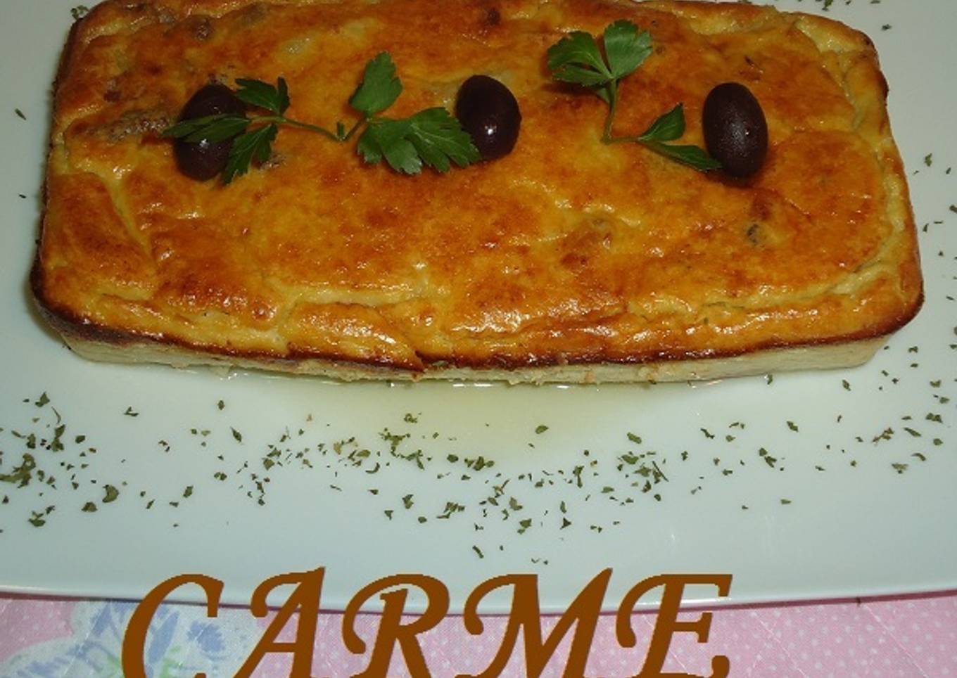 Pastel de berenjena blanca, carne y jamón<br />