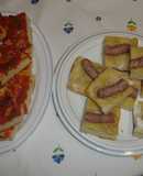 Coca de tomate y de harina con longanizas blancas