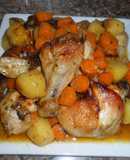 Pollo, patatas y zanahorias con salsa de cítricos