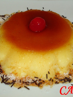 Una foto de Flan de pera y queso
