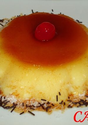 Una foto de Flan de pera y queso