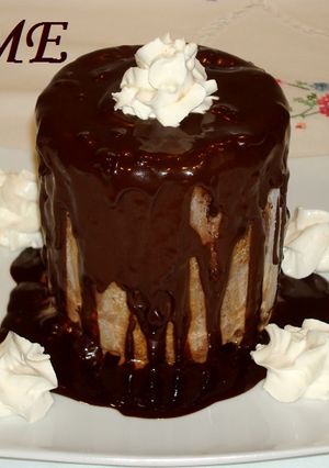 Una foto de Charlota helada de mousse de chocolate y helado