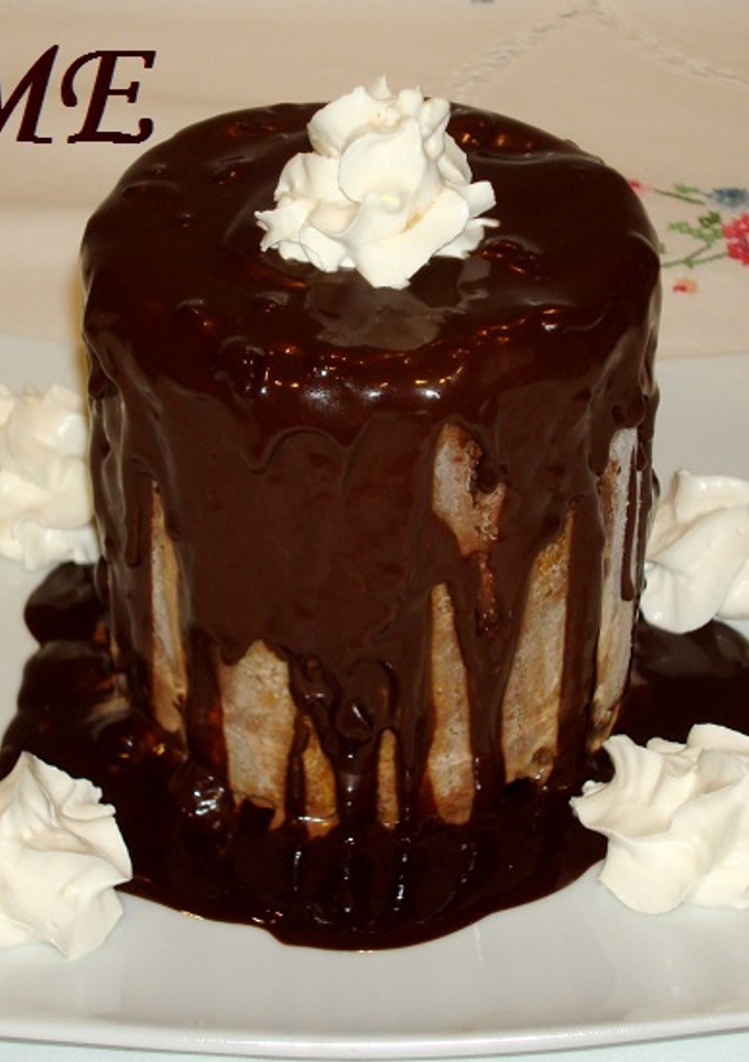 Una foto de Charlota helada de mousse de chocolate y helado