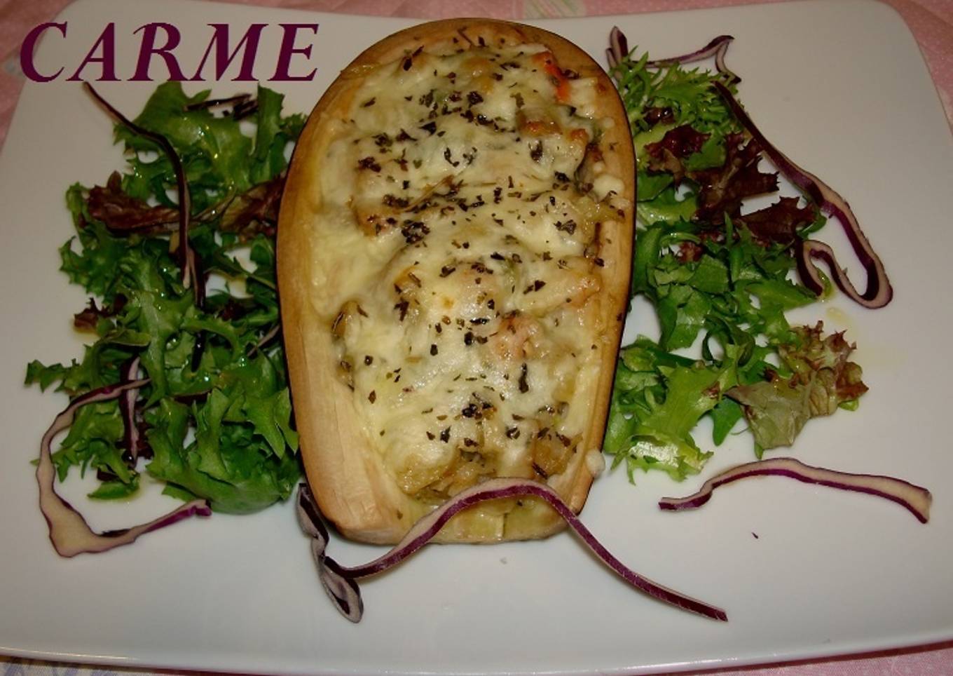 Berenjenas rellenas de verduras y gambas<br />