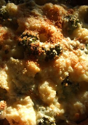 Una foto de Pastel gratinado de ave con brécol y coliflor