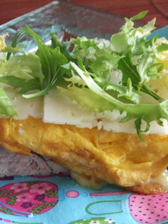 Una foto de Tostada con tortilla de atún, queso y escarola