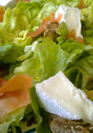 Una foto de Ensalada trocadero con brie en crujiente de cereales y salmón ahumado