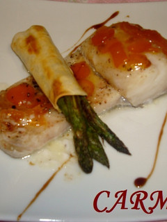 Una foto de Bacalao al horno con mermelada y trigueros