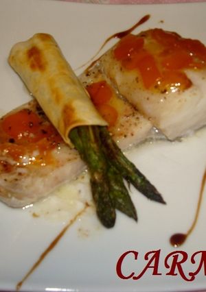 Una foto de Bacalao al horno con mermelada y trigueros