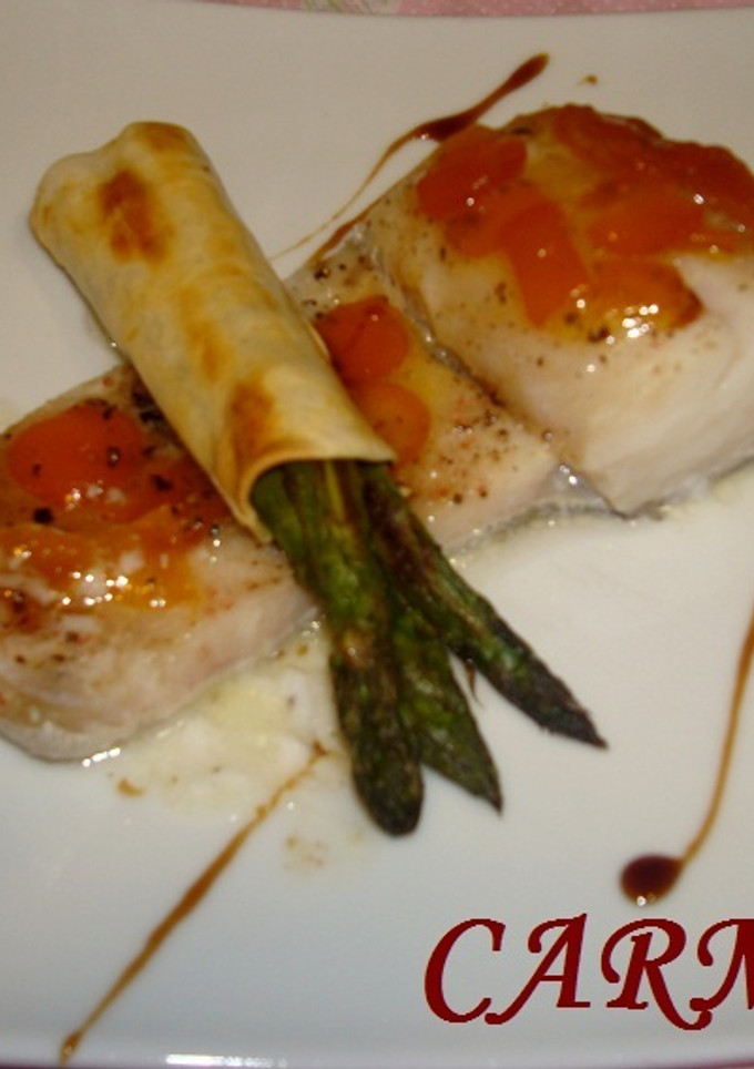 Una foto de Bacalao al horno con mermelada y trigueros