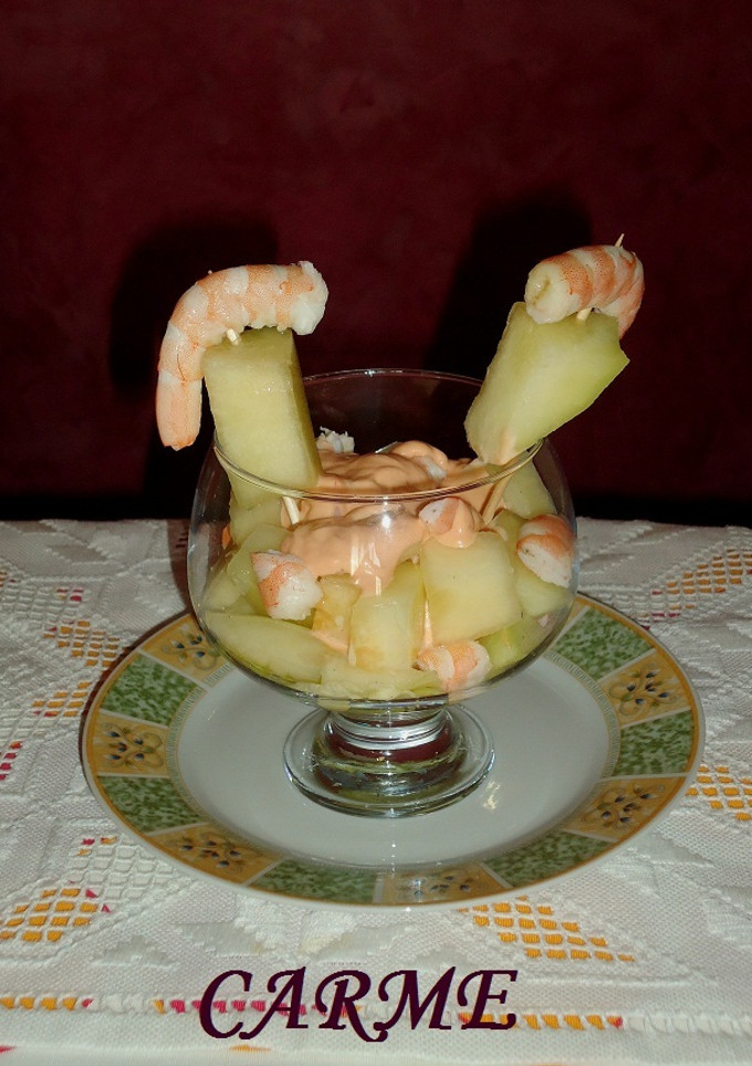 Una foto de Cóctel de melón y langostinos