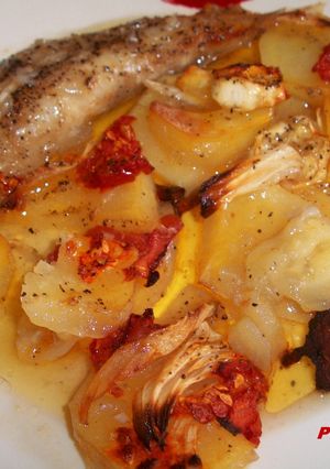 A picture of Baked Monkfish Tails with Vegetables.