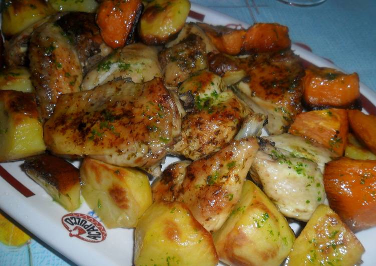 Pollo en salsa verde con papas y batatas