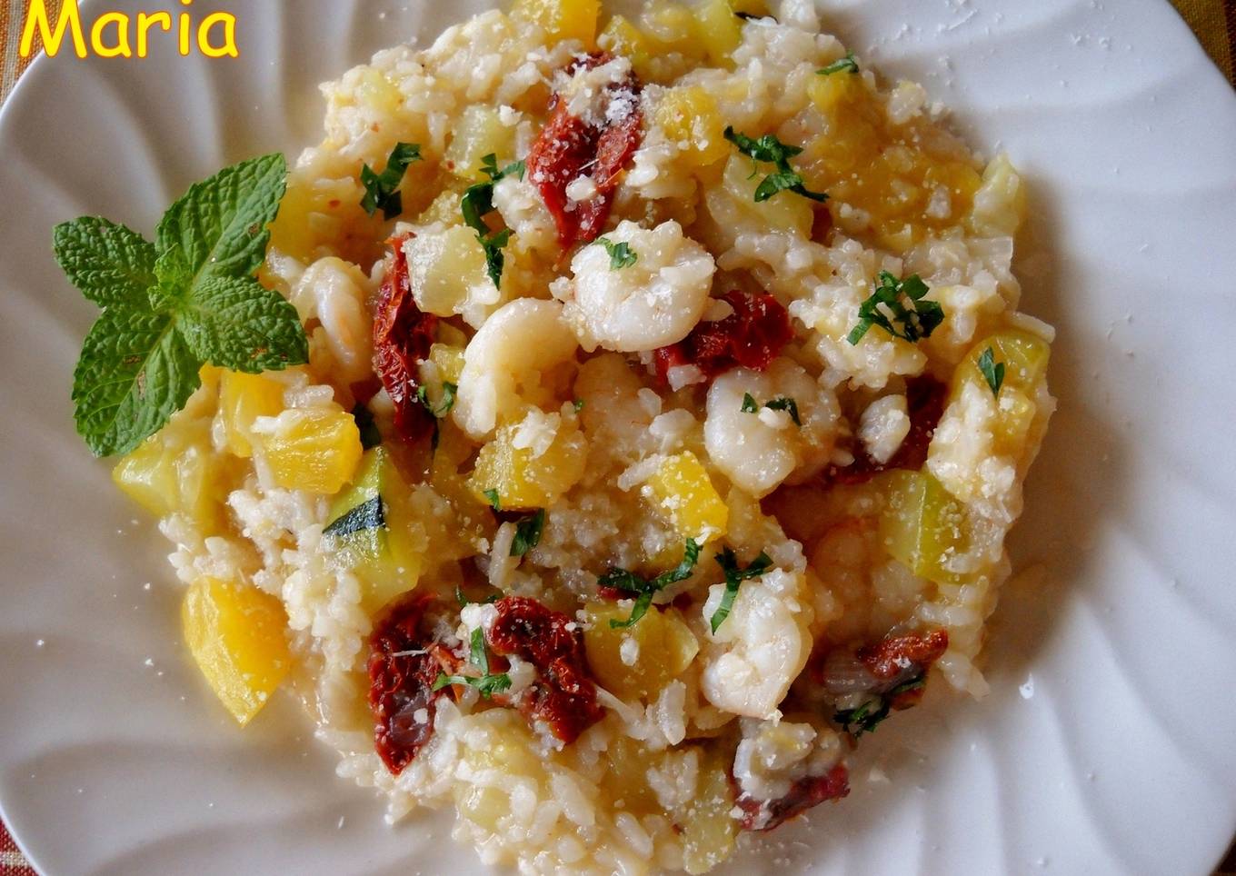 Risotto de calabaza amarilla, tomates secos y gambas<br />