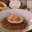 Camarones tropicales con rissoto al azafrán