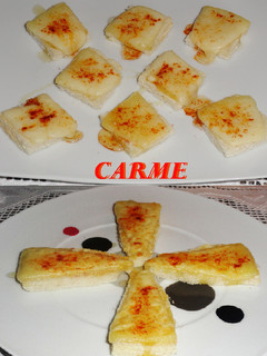 Una foto de Canapés de queso gratinado con pimentón y miel