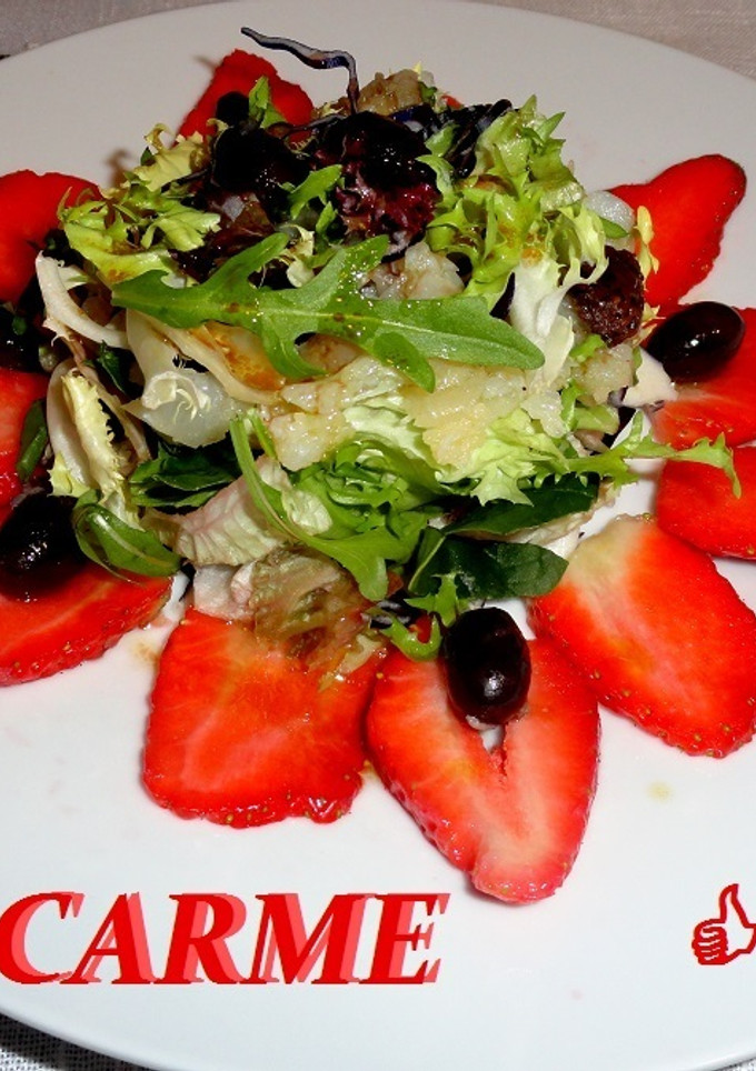 Una foto de Carpaccio de fresones con bacalao