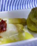 Alcachofas con espárragos queso y crujiente de jamón