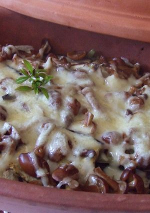 Una foto de Gratinado de pollo y setas con berenjenas en cocotte