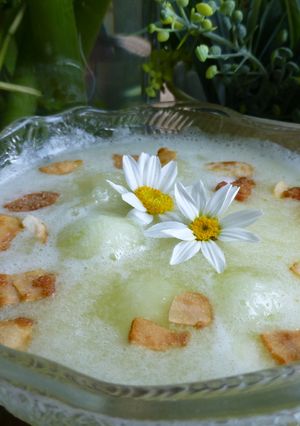 Una foto de Postre de sopa de melon con láminas de coco