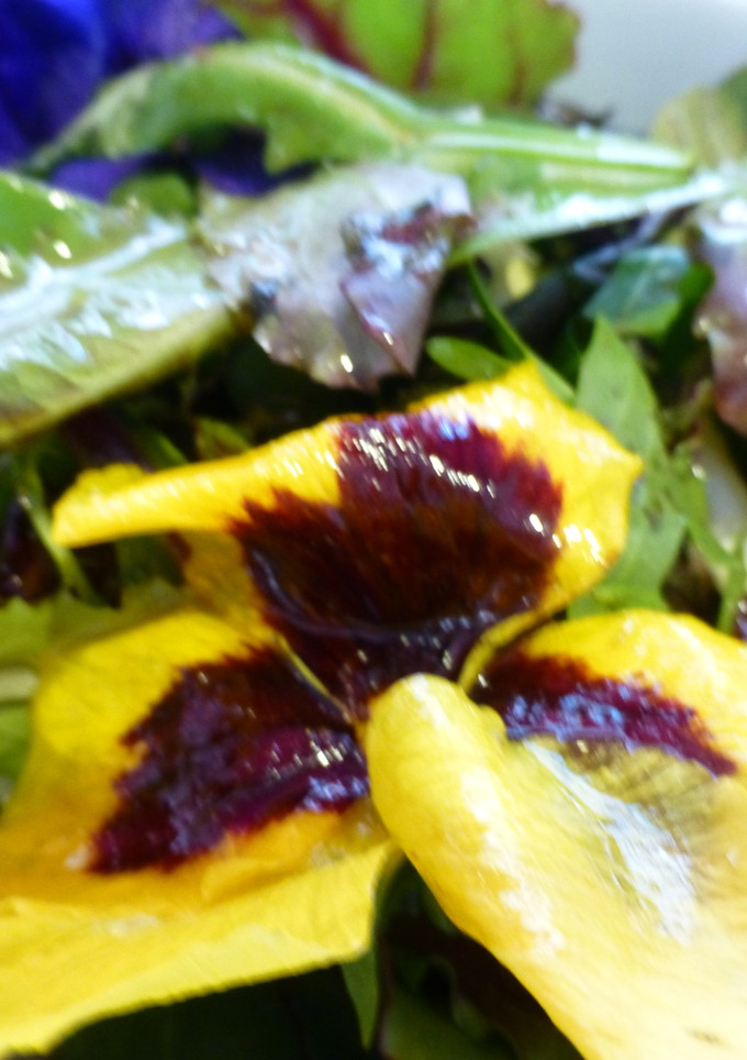 Una foto de Ensalada de roble, rúcula y flores